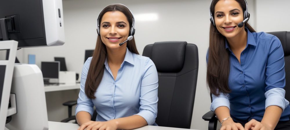 Operador de telemarketing sorrindo ao telefone, usando técnicas de vendas para melhorar o atendimento ao cliente.