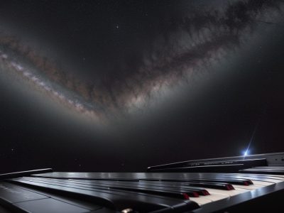 Imagem ilustrando teoria musical para iniciantes com escalas e acordes em um ambiente de aprendizado online e interativo