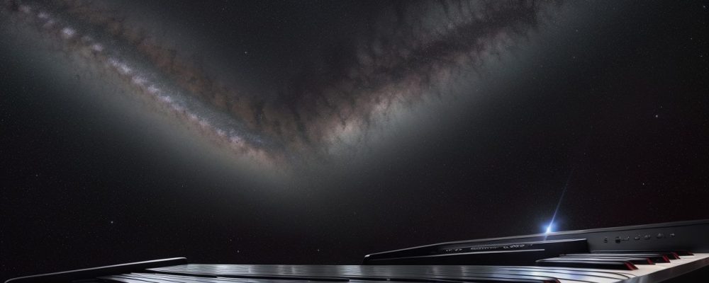 Imagem ilustrando teoria musical para iniciantes com escalas e acordes em um ambiente de aprendizado online e interativo