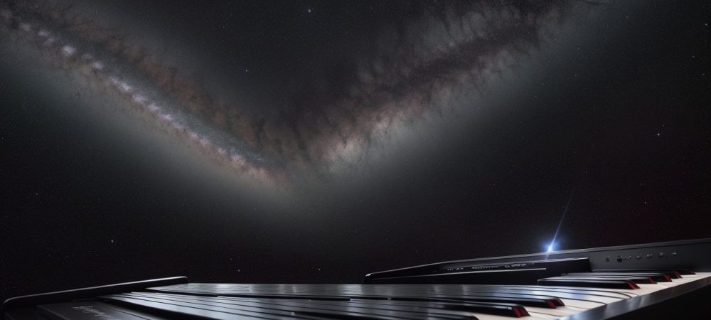 Imagem ilustrando teoria musical para iniciantes com escalas e acordes em um ambiente de aprendizado online e interativo