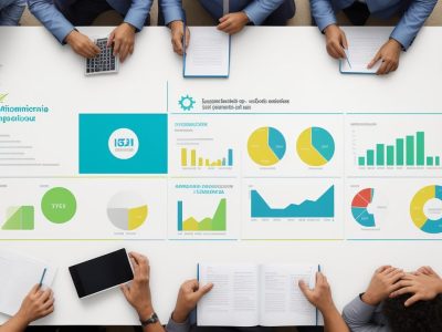 Imagem mostrando as teorias da administração aplicadas em um ambiente de trabalho colaborativo e eficiente, com foco em liderança e estratégias.