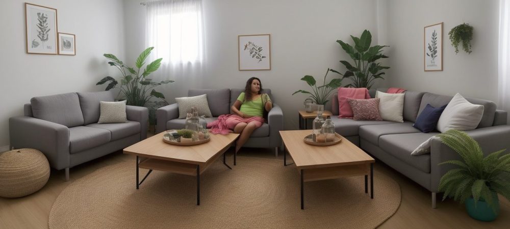 Imagem que representa a terapia familiar, mostrando uma família reunida, interagindo e se comunicando de forma aberta e saudável