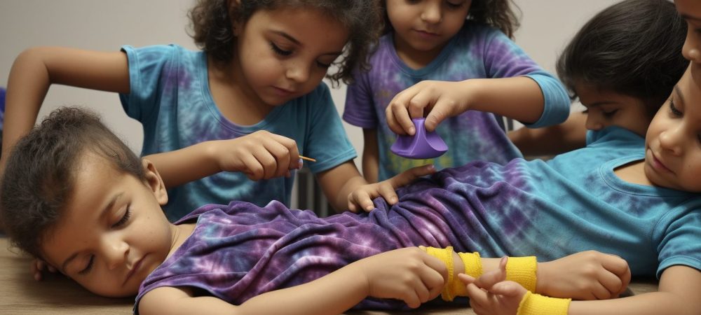 Imagem vibrante de tingimento de tecidos tie dye, demonstrando técnicas de cores e design criativo.