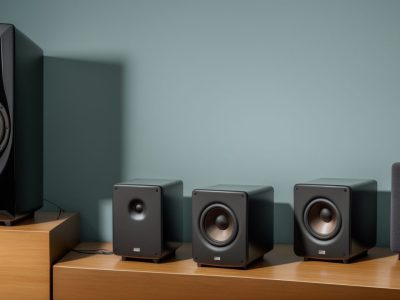 Imagem ilustrativa sobre tipos de alto falantes, incluindo automotivos, subwoofers e coaxiais.