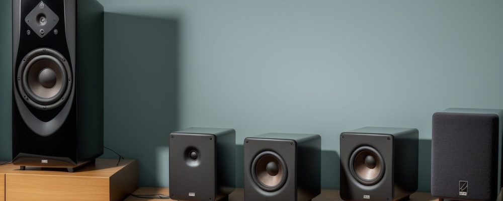 Imagem ilustrativa sobre tipos de alto falantes, incluindo automotivos, subwoofers e coaxiais.