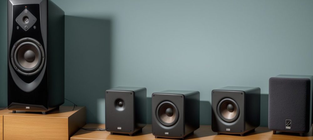 Imagem ilustrativa sobre tipos de alto falantes, incluindo automotivos, subwoofers e coaxiais.