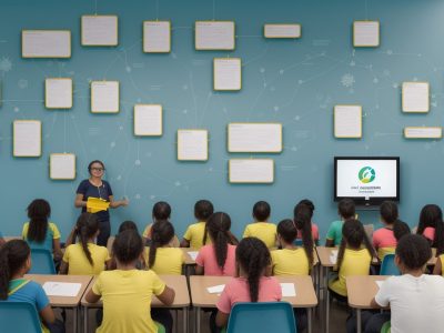 Imagem mostrando diferentes tipos de deficiência intelectual representados visualmente, com pessoas recebendo apoio e educação inclusiva.