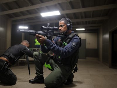 Servidor público em treinamento de tiro, com foco em segurança e legislação sobre porte de arma para defesa pessoal.