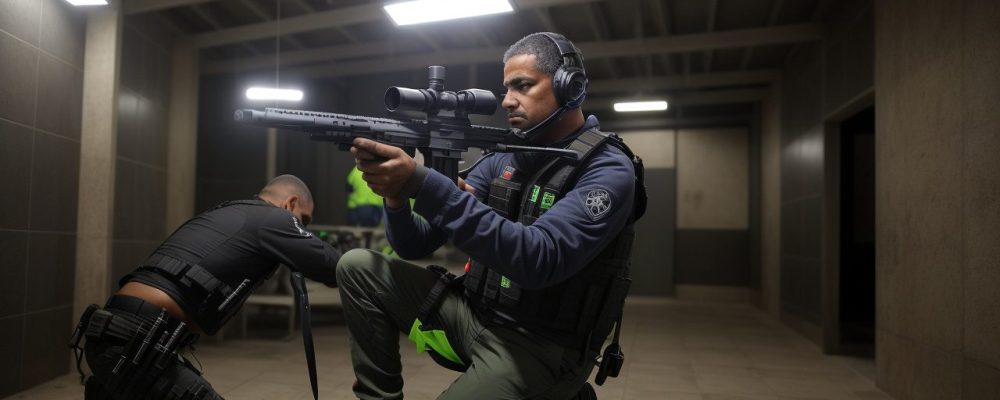 Servidor público em treinamento de tiro, com foco em segurança e legislação sobre porte de arma para defesa pessoal.