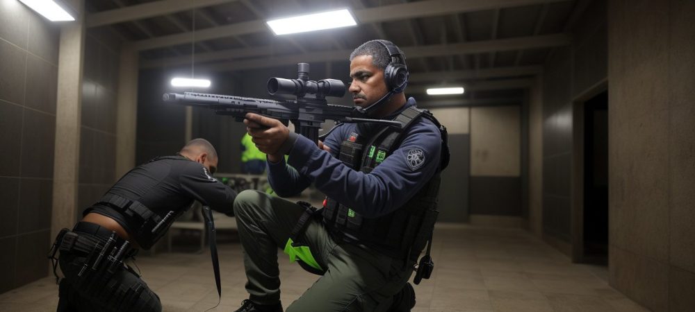 Servidor público em treinamento de tiro, com foco em segurança e legislação sobre porte de arma para defesa pessoal.