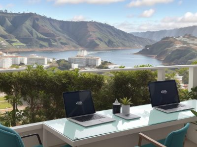 Representação visual de um corretor de imóveis apresentando um contrato de compra e venda, com elementos que simbolizam o mercado imobiliário e o sucesso nos negócios.