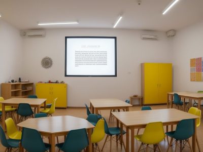 Sala de aula interativa e vibrante com alunos discutindo obras de arte famosas