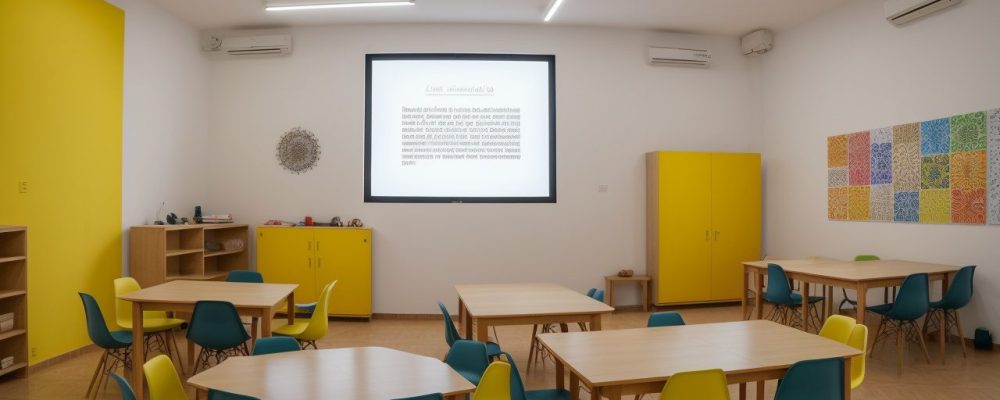 Sala de aula interativa e vibrante com alunos discutindo obras de arte famosas