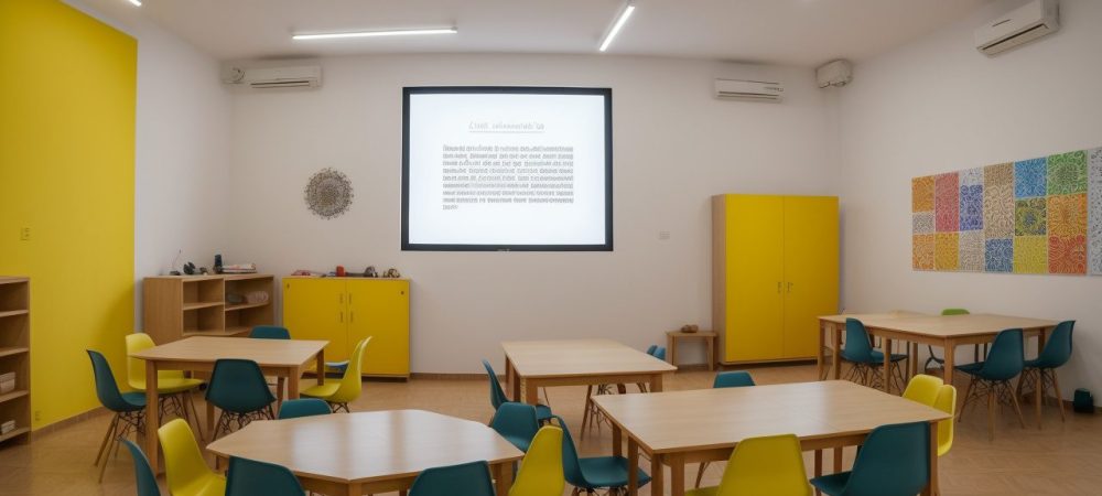 Sala de aula interativa e vibrante com alunos discutindo obras de arte famosas