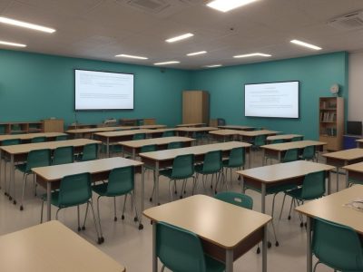 Sala de aula moderna onde professores implementam novas técnicas para ensinar inglês efetivamente.