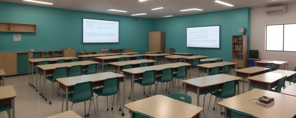 Sala de aula moderna onde professores implementam novas técnicas para ensinar inglês efetivamente.