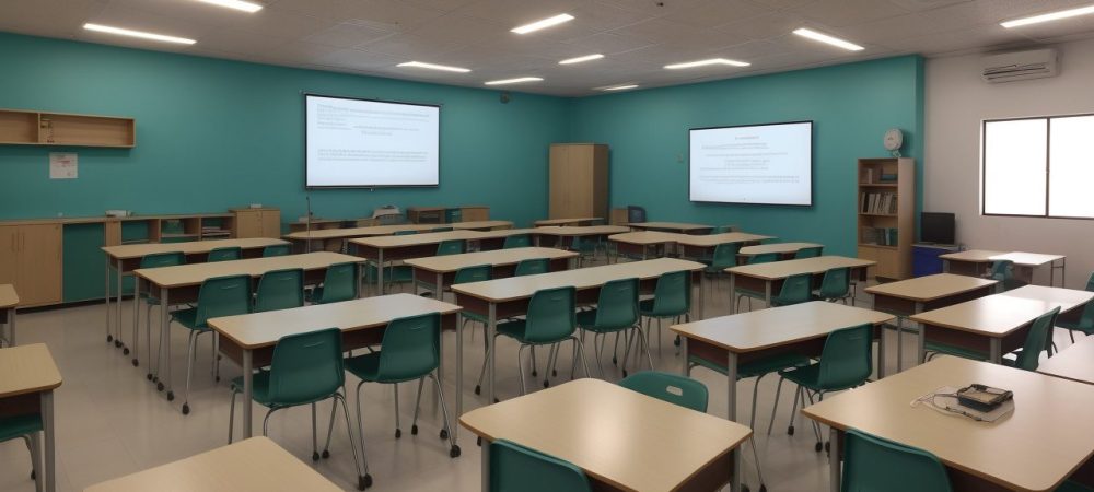 Sala de aula moderna onde professores implementam novas técnicas para ensinar inglês efetivamente.