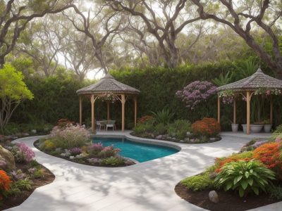 Imagem de um jardim exuberante com técnicas de paisagismo, mostrando design de jardins e plantas ornamentais para um paisagismo residencial inspirador.