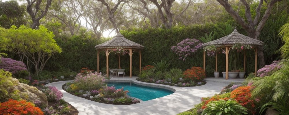 Imagem de um jardim exuberante com técnicas de paisagismo, mostrando design de jardins e plantas ornamentais para um paisagismo residencial inspirador.