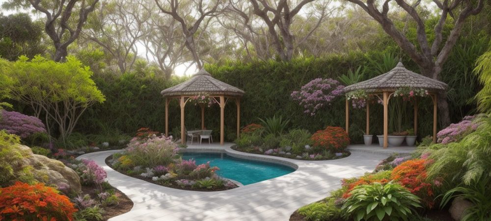 Imagem de um jardim exuberante com técnicas de paisagismo, mostrando design de jardins e plantas ornamentais para um paisagismo residencial inspirador.