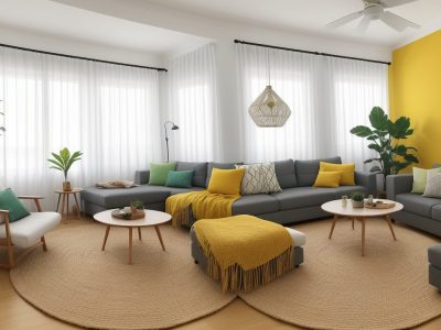 Ambiente de casa com design de interiores sendo transformado por curso online de decoração, mostrando o antes e depois e a aplicação de técnicas.