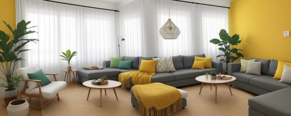 Ambiente de casa com design de interiores sendo transformado por curso online de decoração, mostrando o antes e depois e a aplicação de técnicas.