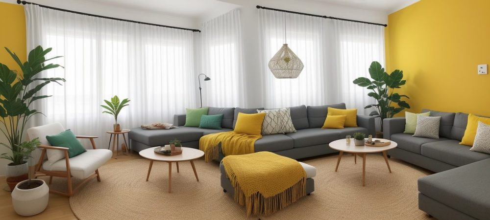 Ambiente de casa com design de interiores sendo transformado por curso online de decoração, mostrando o antes e depois e a aplicação de técnicas.