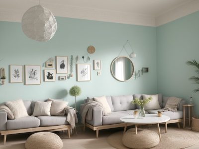 Interior de casa em transformação com curso online de pintura, mostrando materiais e ferramentas para pintura de paredes.