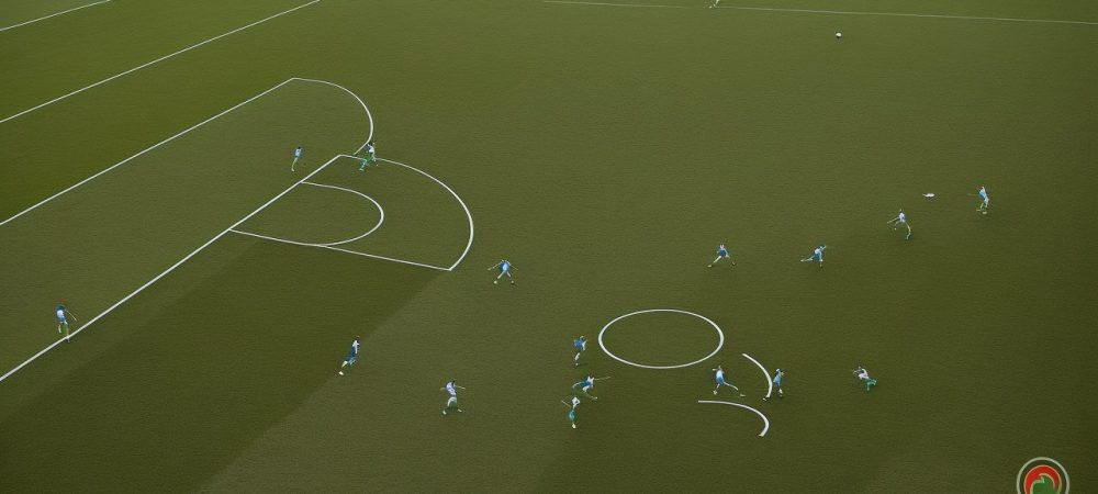 Imagem de um campo de futebol com jogadores executando táticas de treinamento, ilustrando a teoria do futebol na prática.