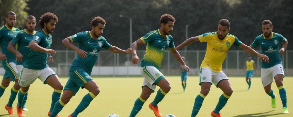 Imagem ilustrativa de um campo de futebol com jogadores em ação, representando as táticas e o treinamento esportivo.