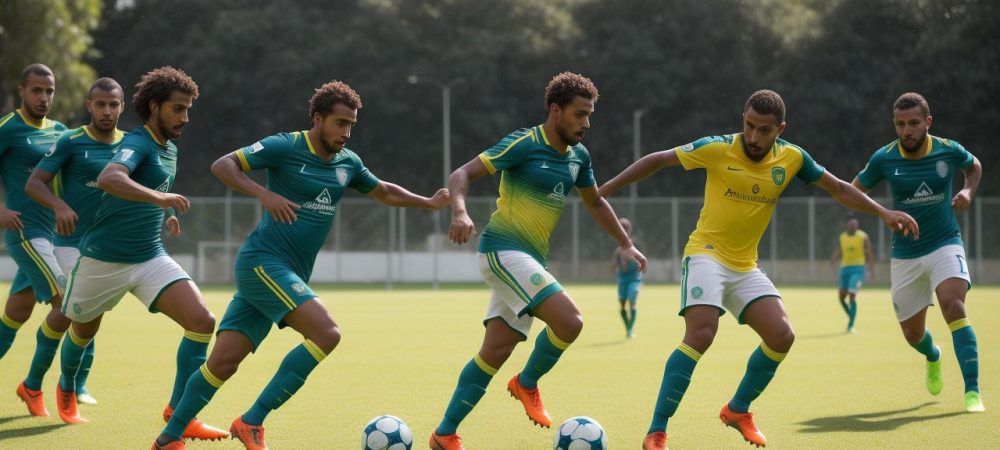 Imagem ilustrativa de um campo de futebol com jogadores em ação, representando as táticas e o treinamento esportivo.
