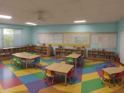 Imagem mostrando uma sala de aula com crianças engajadas em atividades interativas, representando a Trilha de Aprendizagem e o curso online de alfabetização.