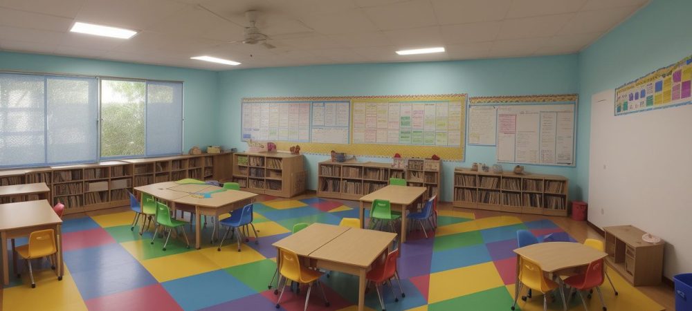 Imagem mostrando uma sala de aula com crianças engajadas em atividades interativas, representando a Trilha de Aprendizagem e o curso online de alfabetização.