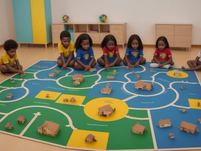 Crianças em sala de aula com mapas de trilha de aprendizagem, focando em curso online e alfabetização inovadora.