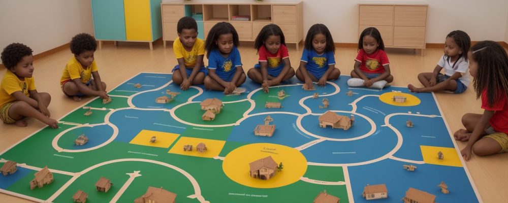 Crianças em sala de aula com mapas de trilha de aprendizagem, focando em curso online e alfabetização inovadora.