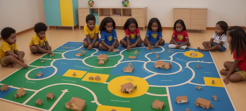 Crianças em sala de aula com mapas de trilha de aprendizagem, focando em curso online e alfabetização inovadora.