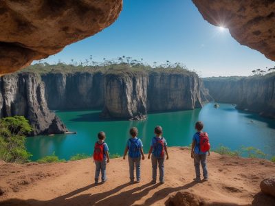 Crianças e famílias desfrutando de viagens e atividades de turismo infantil, explorando o mundo e criando memórias.