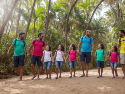 Crianças e pais explorando um destino turístico, desfrutando de férias em família com turismo infantil, aprendendo e se divertindo juntos.