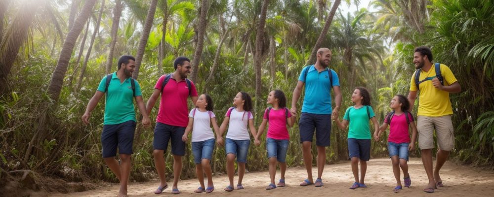 Crianças e pais explorando um destino turístico, desfrutando de férias em família com turismo infantil, aprendendo e se divertindo juntos.