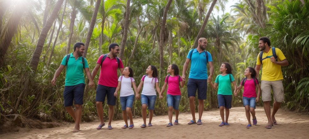 Crianças e pais explorando um destino turístico, desfrutando de férias em família com turismo infantil, aprendendo e se divertindo juntos.