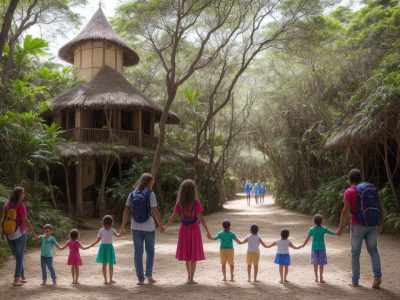 Crianças explorando um destino turístico com atividades lúdicas, representando o turismo infantil e férias em família.