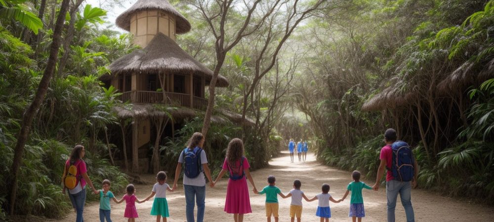 Crianças explorando um destino turístico com atividades lúdicas, representando o turismo infantil e férias em família.