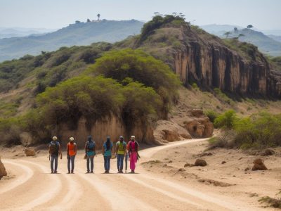 Imagem de um guia de turismo apresentando um destino turístico regional, com mapas e fotos de atrações locais, promovendo o turismo regional.