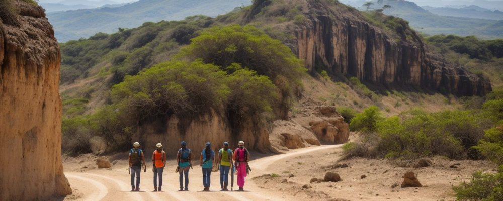 Imagem de um guia de turismo apresentando um destino turístico regional, com mapas e fotos de atrações locais, promovendo o turismo regional.