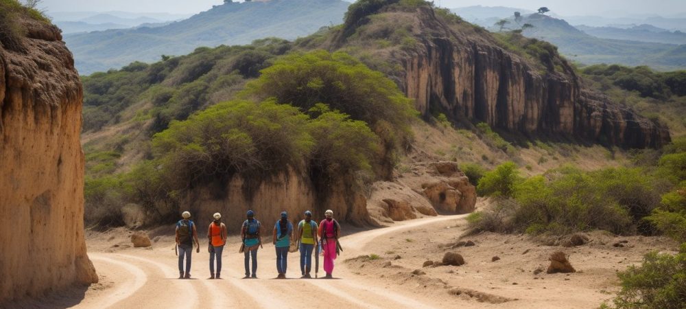 Imagem de um guia de turismo apresentando um destino turístico regional, com mapas e fotos de atrações locais, promovendo o turismo regional.