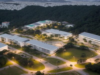 Campus moderno da Uergs com estudantes e professores em ambiente educacional público e inclusivo