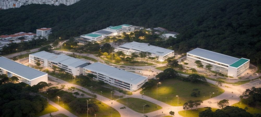 Campus moderno da Uergs com estudantes e professores em ambiente educacional público e inclusivo