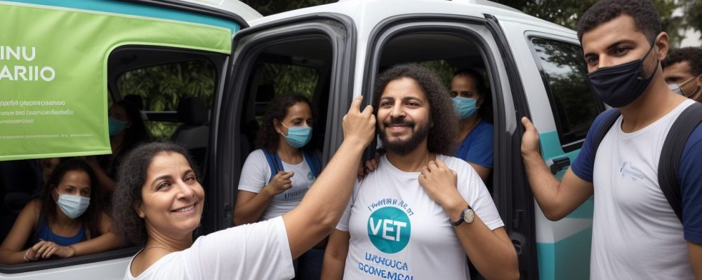 Imagem ilustrativa mostrando uma campanha de vacinação contra poliomielite, com profissionais de saúde e pessoas recebendo a vacina, simbolizando a prevenção e a conscientização sobre a doença.