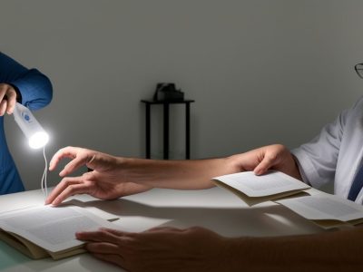 Imagem representando vigilância sanitária com profissionais analisando documentos e equipamentos, com foco em fiscalização e legislação