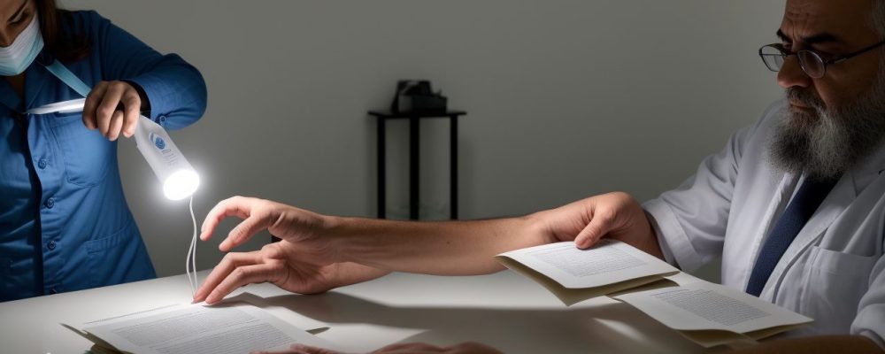 Imagem representando vigilância sanitária com profissionais analisando documentos e equipamentos, com foco em fiscalização e legislação